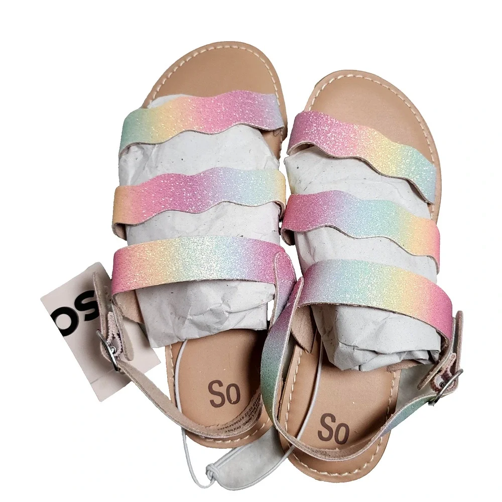 SO Youth Girl's Slip On Single Buckle Slide Sandals Rainbow Size:2